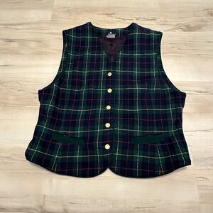 Liz Sport Women 14 Vest Wool V-Neck Gold Buttons Green Buffalo Plaid VTG